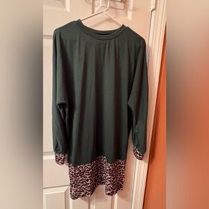 Dark Green Long Sleeve Top with Leopard Trim